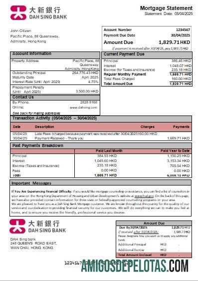 Declaração de hipoteca do Banco DAH Sing de Hong Kong baixar para verificação